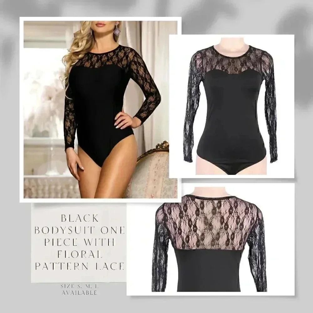 🏷🆕Women's Small Black Teddy Bodysuit one piece long sleeves floral pattern
